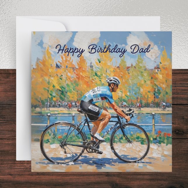 Cartão Corrida de Bicicleta do Papai Feliz Aniversário (A stylish card with picture of a cyclist in a bicycle race and 'Happy Birthday Dad' greeting)