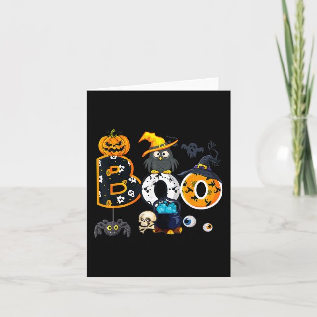Cartão Coruja de Halloween com aranhas de bruxa (Frente)