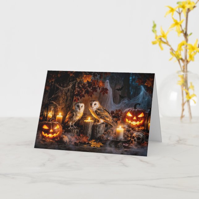 Cartão Coruja de Halloween com Velas Jack O Lanterns (Flor Amarela)
