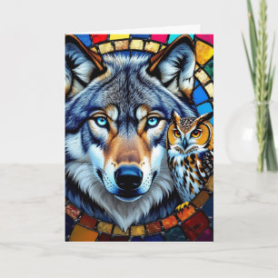 Cartão Coruja e Lobo do Estilo Mosaico   Feliz aniversári
