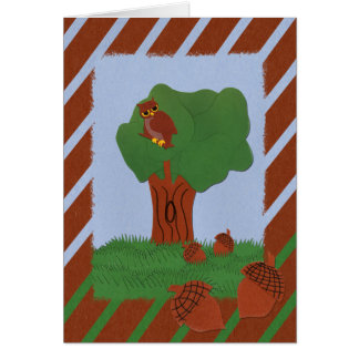 Cartão Coruja e uma Arte de Cartoon Whimsical de Oak Tree