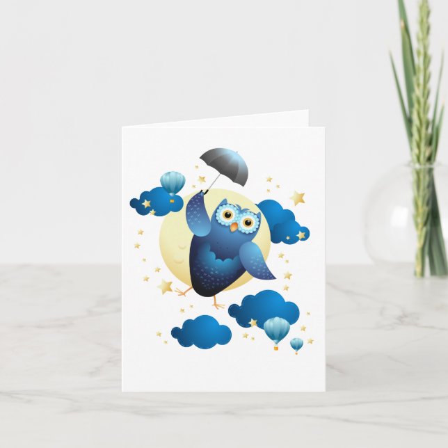 Cartão Coruja-Fita-Fita Voando com Guarda-chuvas (Frente)