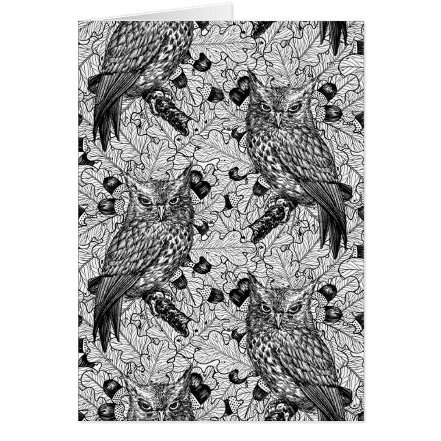 Cartão Corujas de carvalho, preto e branco (Frente)