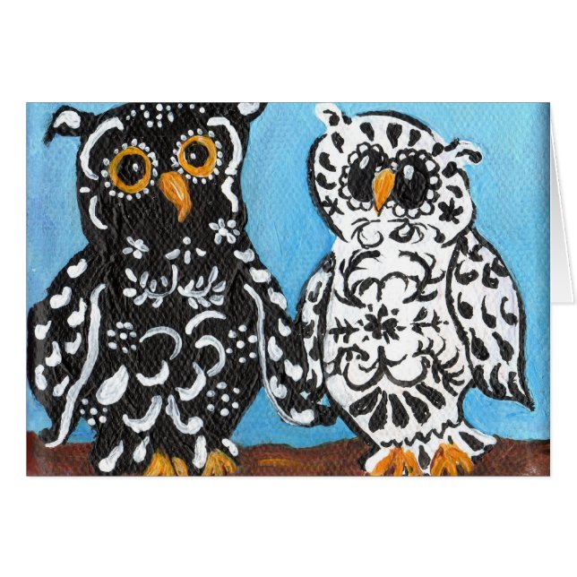 Cartão Corujas pretas & brancas do damasco (Frente Horizontal)
