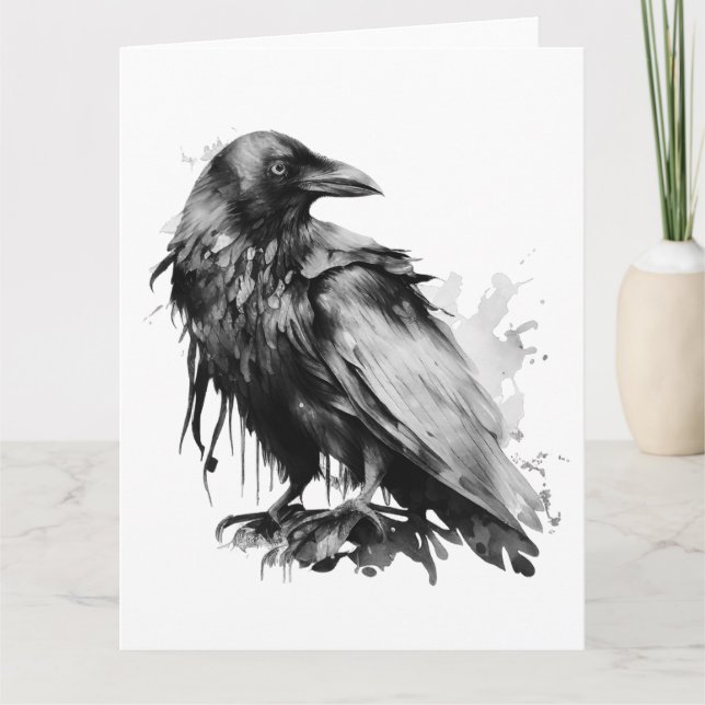 Cartão Corvo em Aquarela - Preto e Branco (Frente)