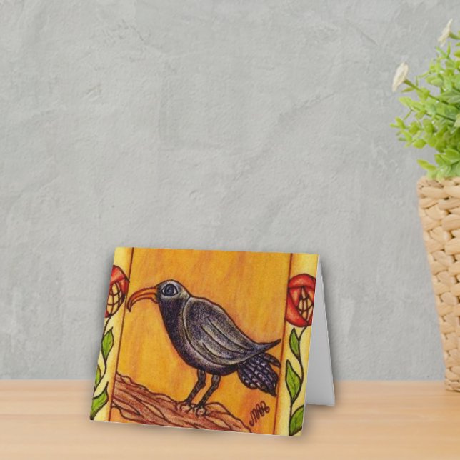Cartão Corvo Notecard do art deco (Black crow on branch red abstract flowers on golden yellow notecards.)