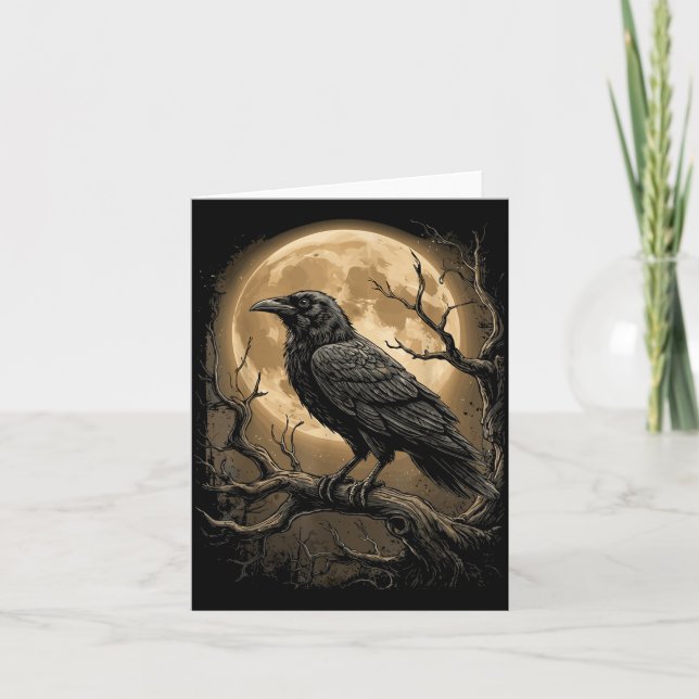 Cartão Corvo Preto Gótico Lua Corvo Floresta Escura Pássa (Frente)