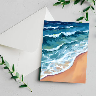 Cartão Costeiro de Aquarela Azul Ondas do Oceano