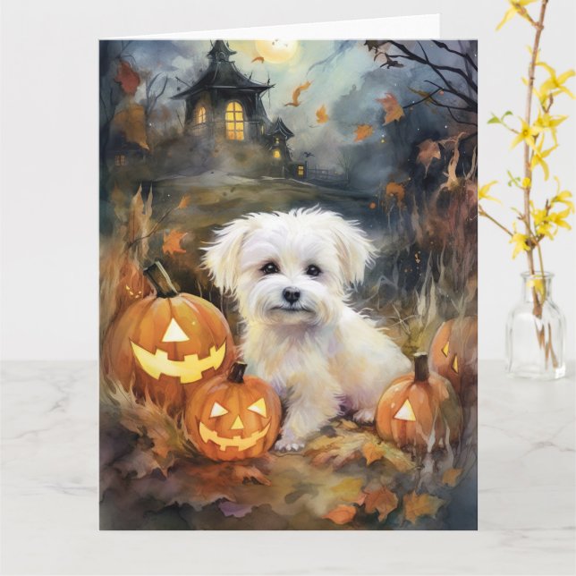 Cartão Coton De Tulear de Halloween com Abóboras Assustad (Flor Amarela)