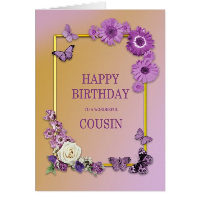 Cartão Cousin Birthday Flowers and Butterflies (Frente)