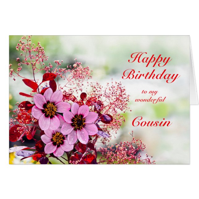 Cartão Cousin Birthday Pink Flowers (Frente Horizontal)