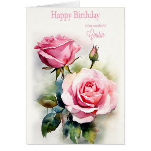 Cartão Cousin Birthday Rosa Painted Watercolor