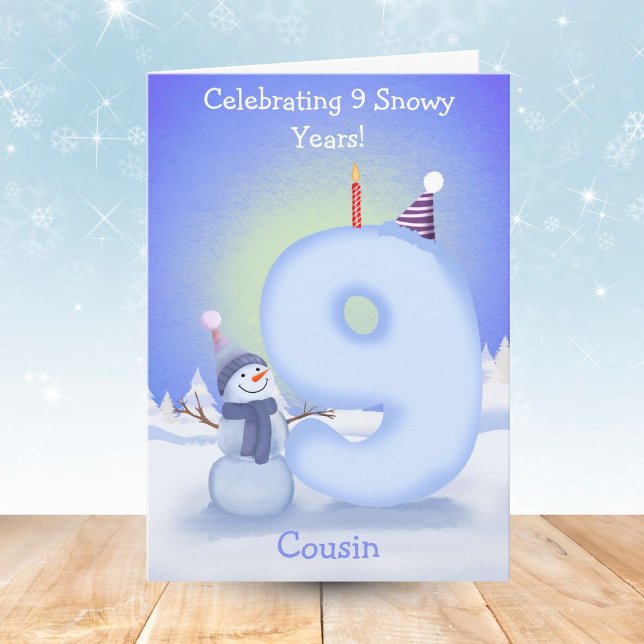 Cartão Cousin Happy 9th Birthday Snowman Building  (Criador carregado)