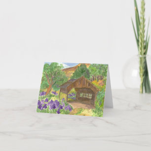 Cartão Covered Bridge Country Vintage Purple Iris Flowers