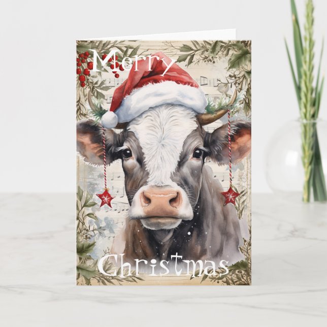 Cartão Cow Winter Christmas Watercolor (Frente)