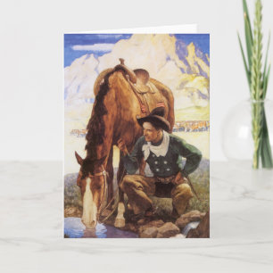 Cartão Cowboy Cuidando de Seu Cavalo pelo NC Wyeth, Vinta