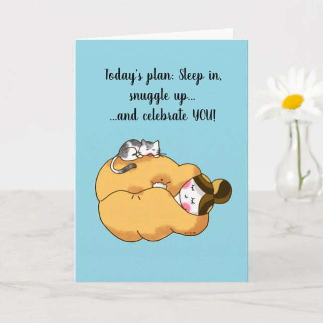 Cartão Cozy Girl and Cat Birthday Card (Planta pequena)
