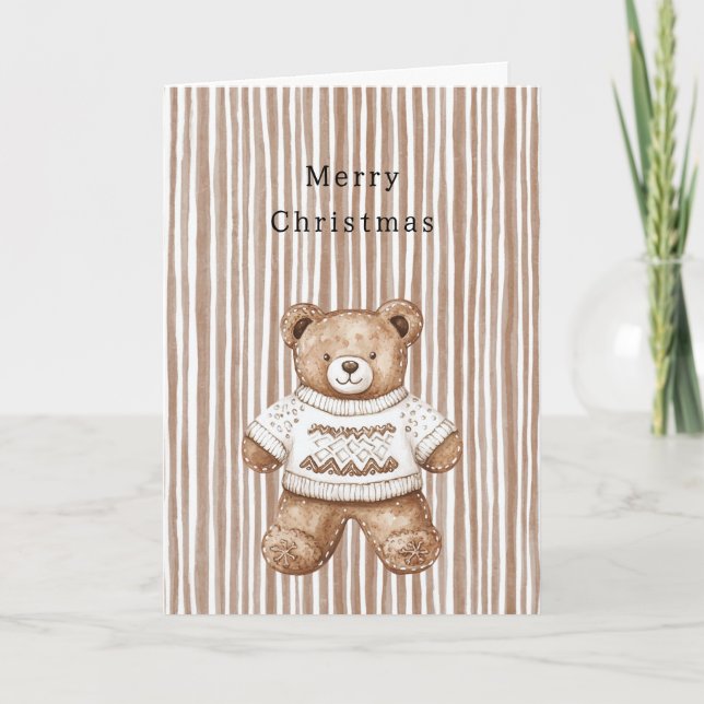 Cartão Cozy Warm Christmas Cute Happy Teddy Bear Stripes (Frente)