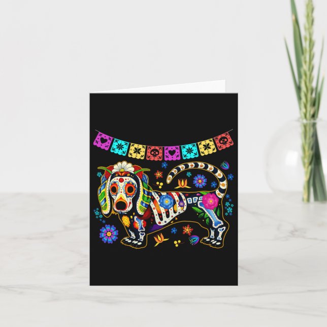 Cartão Crânio de Açúcar Mexicano Dachshund Bone Dia das B (Frente)