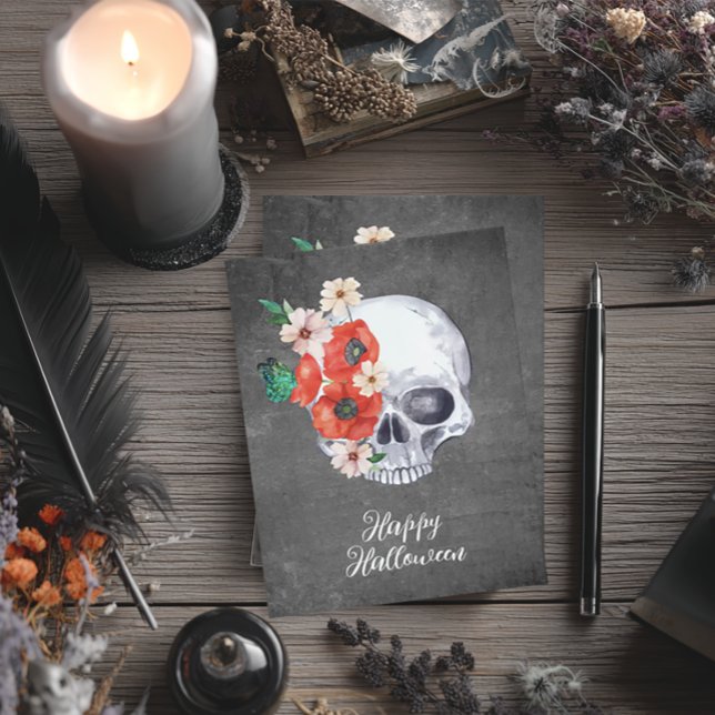Cartão Crânio Floral Halloween (Boho Floral Skull Halloween Card)