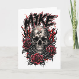 Cartão Crânio Gótico Mike com Rosas Vermelhas e Chamas