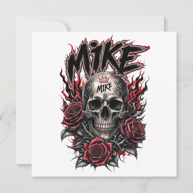 Cartão Crânio Gótico Mike com Rosas Vermelhas e Chamas (Frente)