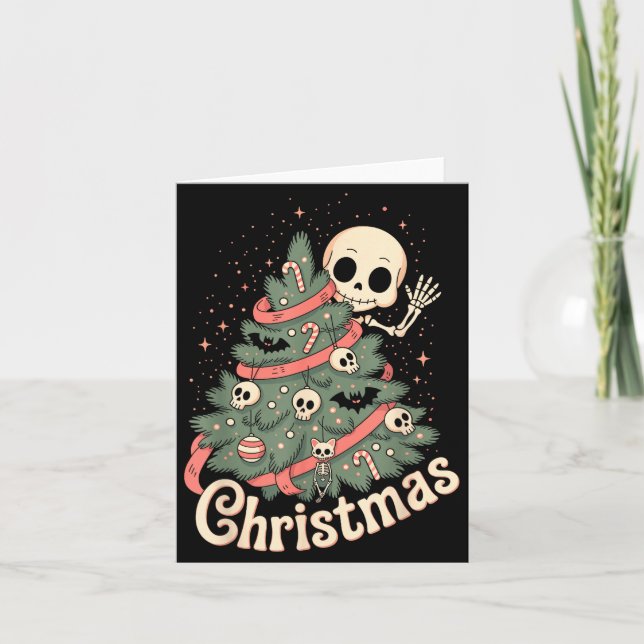 Cartão Creepy Cute Kawaii Skeleton Christmas Tree Skull B (Frente)