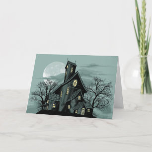 Cartão Creepy haunted ghost house scene illustration
