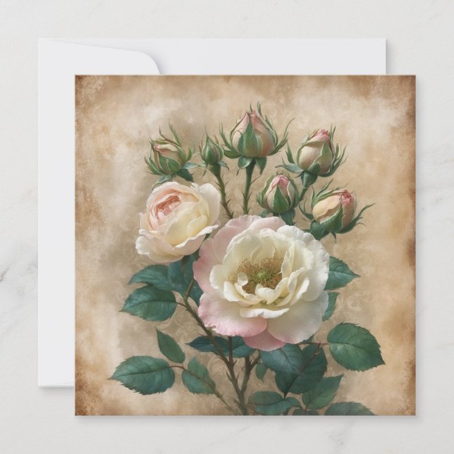 Cartão Creme Rústico Vintage com Rosa Selvagem Rosa  (Frente)