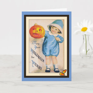 Cartão Criança com a placa Lanterna Jack O' Halloween