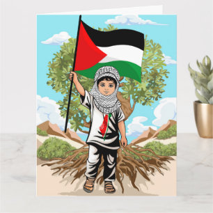 Cartão Criança com Keffiyeh Palestine Flag e Olive Tree