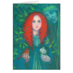 Cartão Criança da floresta, menina de cabelo vermelho, t