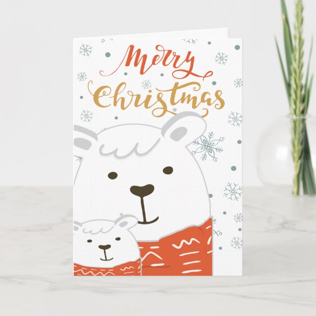 Cartão Criança Fofa e Urso Polar Pai ou Mãe com Cachecol  (Frente)