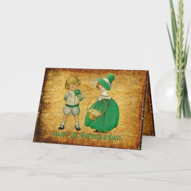 Cartão Criança vintage menino e menina verde St Patrick C (Frente)