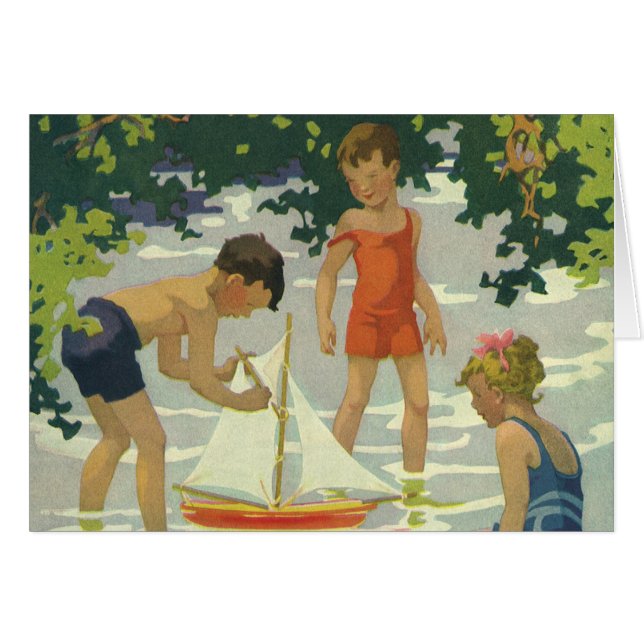 Cartão Crianças Antigas Brincando com Barcos à Vela de Br (Frente Horizontal)
