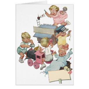 Cartão Crianças Antigas se Divertindo com Trens de Brinqu