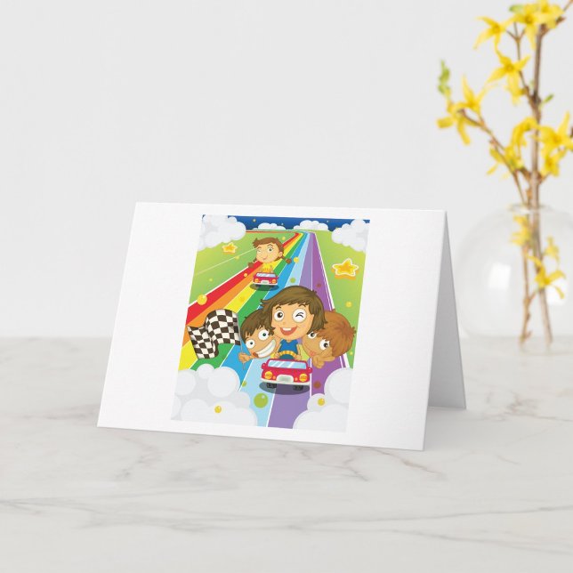Cartão Crianças Correndo Em Uma Placa Arco-Íris (Criador carregado)