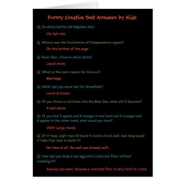 Cartão Crianças Engraçadas Respostas de Teste para Enviar (Frente)