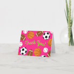 Cartão Crianças Festas de aniversário Esportivas Meninas<br><div class="desc">Este design bonitinho com bolas de futebol,  bolas de futebol,  bolas de basquete e bolas de baseball é excelente para uma festa de aniversário de criança desportivo!  Perfeito para um nascer infantil no verão ou primavera!  Excelente para rapazes e raparigas que adoram esportes!  Especialmente excelente para garotas de rosa.</div>