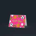 Cartão Crianças Festas de aniversário Esportivas Meninas<br><div class="desc">Este design bonitinho com bolas de futebol,  bolas de futebol,  bolas de basquete e bolas de baseball é excelente para uma festa de aniversário de criança desportivo!  Perfeito para um nascer infantil no verão ou primavera!  Excelente para rapazes e raparigas que adoram esportes!  Especialmente excelente para garotas de rosa.</div>