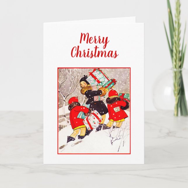 Cartão Crianças lutando com presentes de Natal em Sno (Frente)