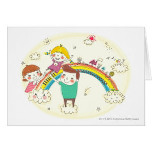 Cartão Crianças que jogam no arco-íris