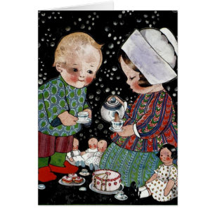 Cartão Crianças Vintage tendo uma festa de chá de ponta