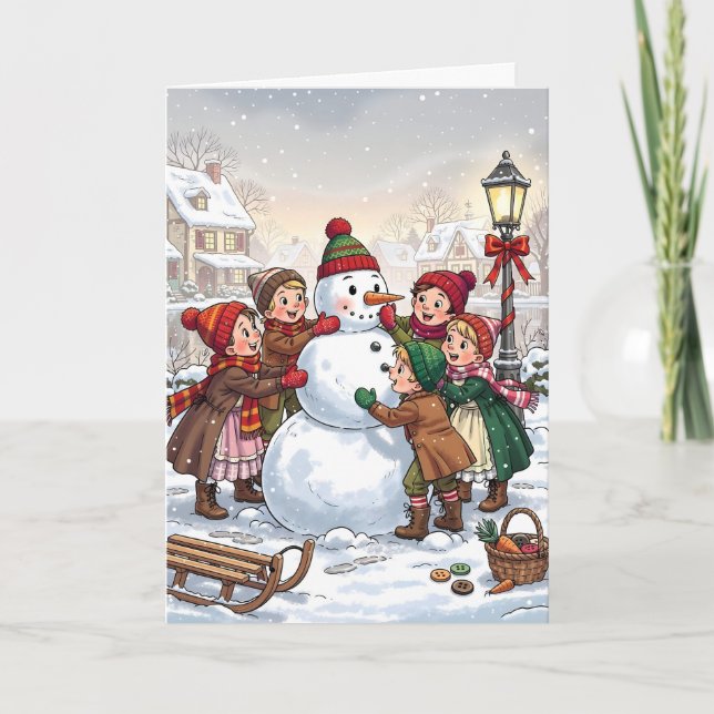 Cartão Crianças vitorianas constroem um boneco de neve (Frente)