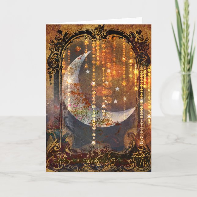 Cartão Cristais da Lua do Crescente Místico Dourado Escur (Frente)