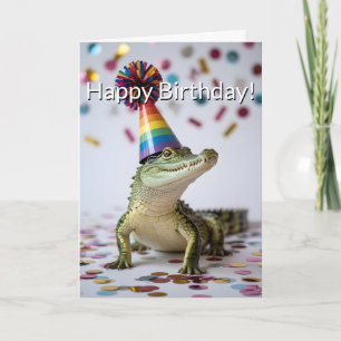 Cartão Crocodilo Usando um Chapéu de Aniversário Arco-Íri
