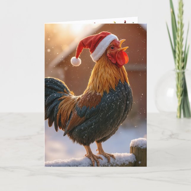 Cartão Crowing Christmas Rooster Wearing a Santa Hat (Frente)