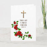 Cartão Crucifixo da Ordenação do Padre Católico<br><div class="desc">Celebrar o Aniversário do Sacerdote com esta bela imagem católica tradicional de um Crucifixo dourado com rosas vermelhas e verso das escrituras. Do lado esquerdo da carta está o poema de Jean-Baptiste Henri Lacordaire, O.P. (1802-1861) Viver no meio do mundo sem querer pelos seus prazeres; ser membro de todas as...</div>