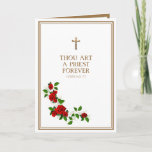 Cartão Crucifixo da Ordenação do Padre Católico<br><div class="desc">Celebrar o Aniversário do Sacerdote com esta bela imagem católica tradicional de um Crucifixo dourado com rosas vermelhas e verso das escrituras. Do lado esquerdo da carta está o poema de Jean-Baptiste Henri Lacordaire, O.P. (1802-1861) Viver no meio do mundo sem querer pelos seus prazeres; ser membro de todas as...</div>