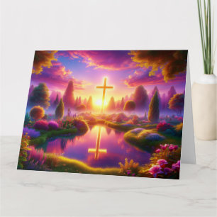 Cartão Cruz Dourada num Paraíso Celestial